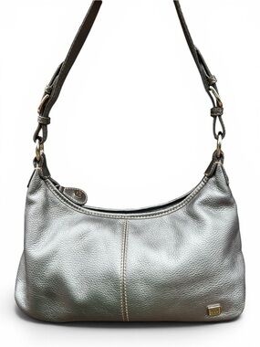 The Sak Metallic Silver Leather Shoulder Bag with Dark Brown Strap